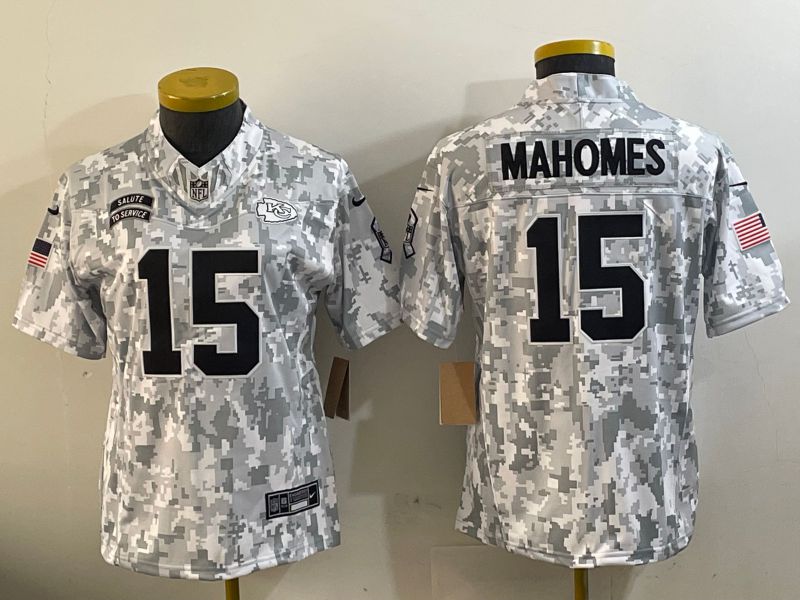 Women Kansas City Chiefs #15 Mahomes Nike Arctic Camo 2024 Salute to Service Limited NFL Jersey->kansas city chiefs->NFL Jersey